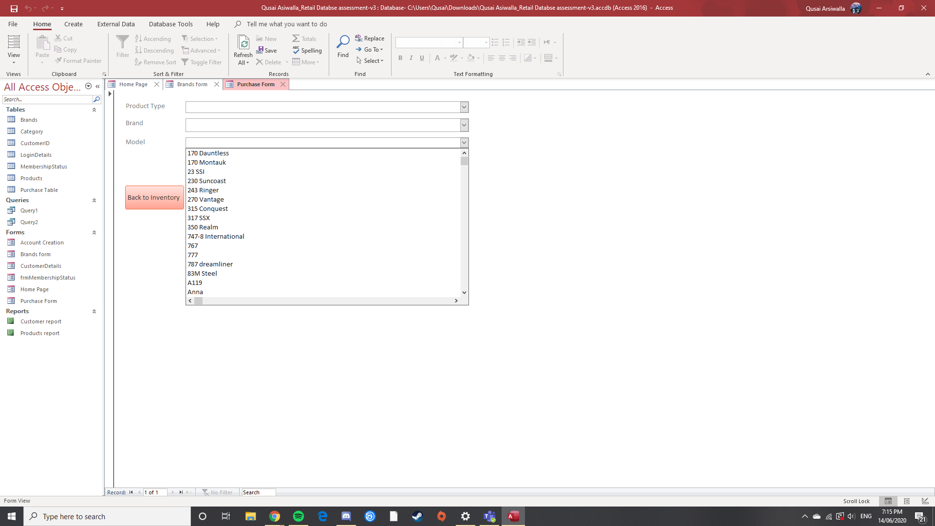 Microsoft access database form with dropdown menus